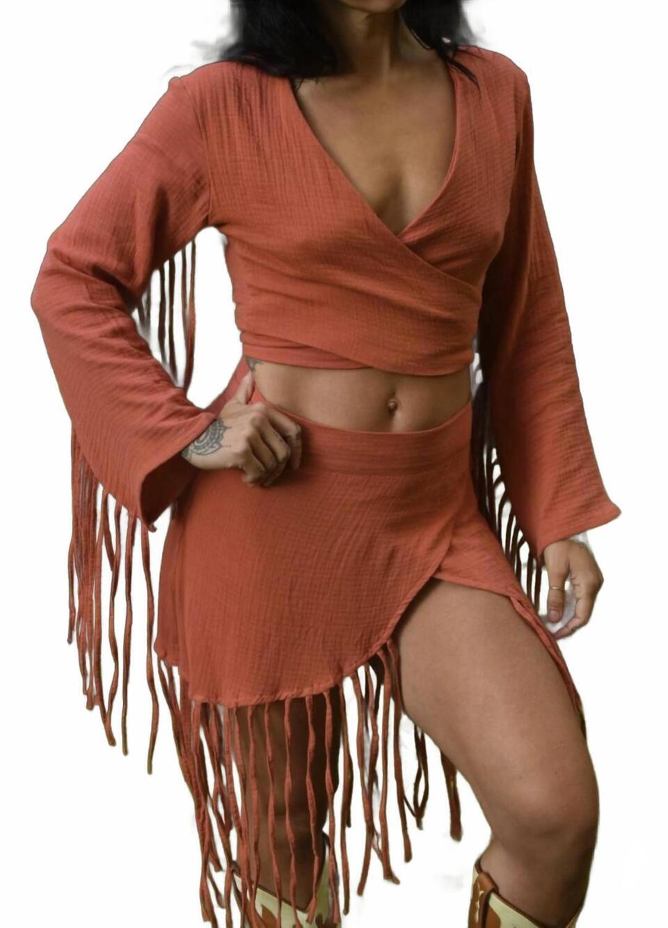NEW SHOP SOVI cotton gauze fringe wrap top and skirt set in rust